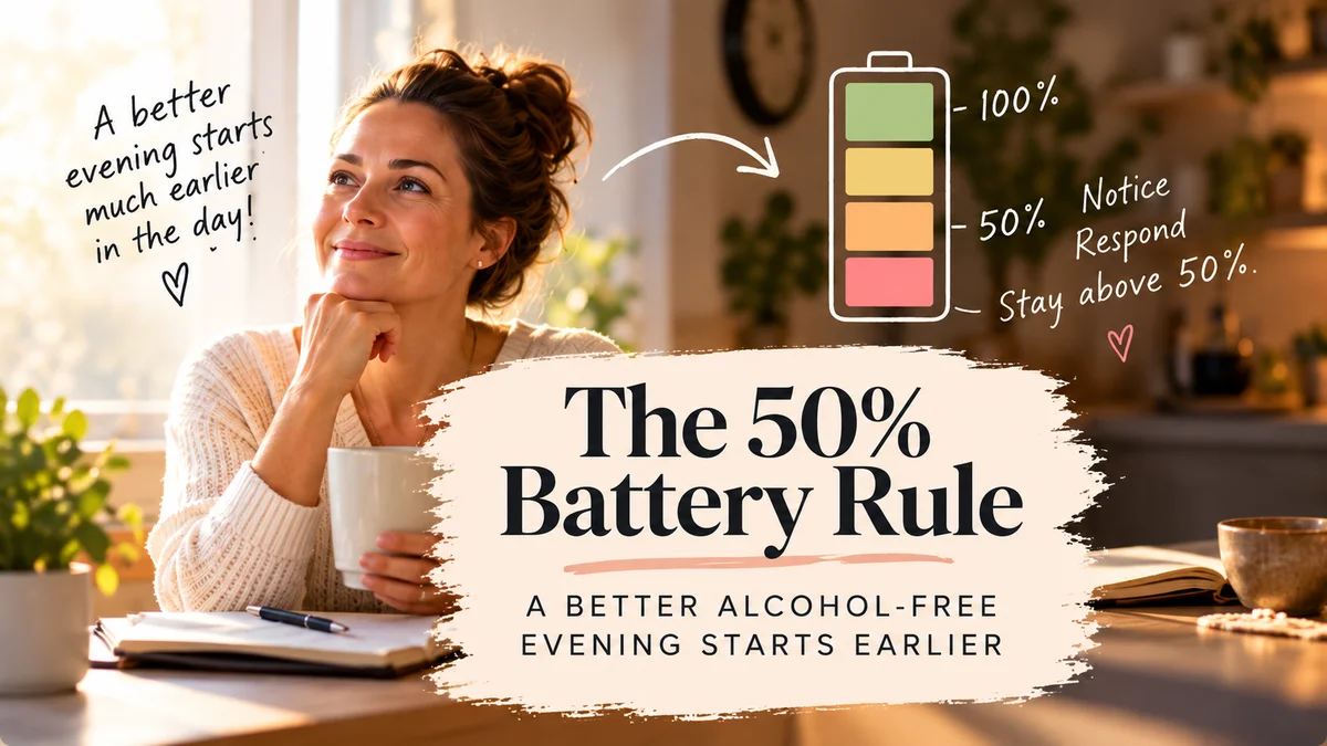 A woman holding a cup of tea smiles thoughtfully beside a battery drawing marked 100% and 50%, with the words: The 50% Battery Rule — a better alcohol-free evening starts earlier.