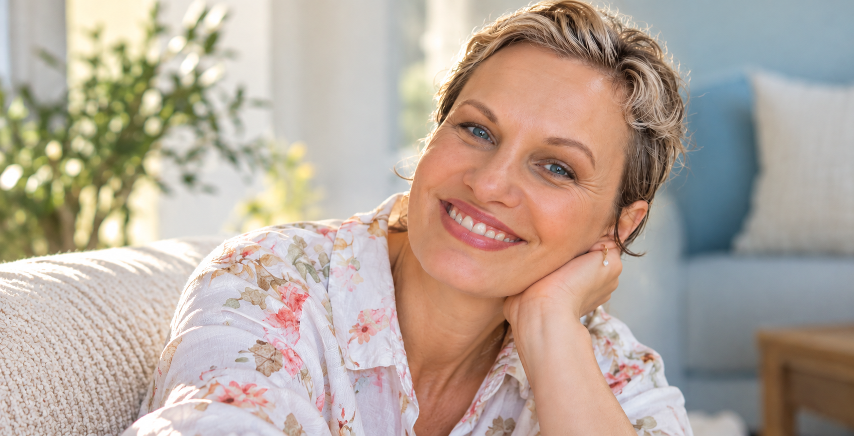 Rina Bowring smiling warmly in soft morning light